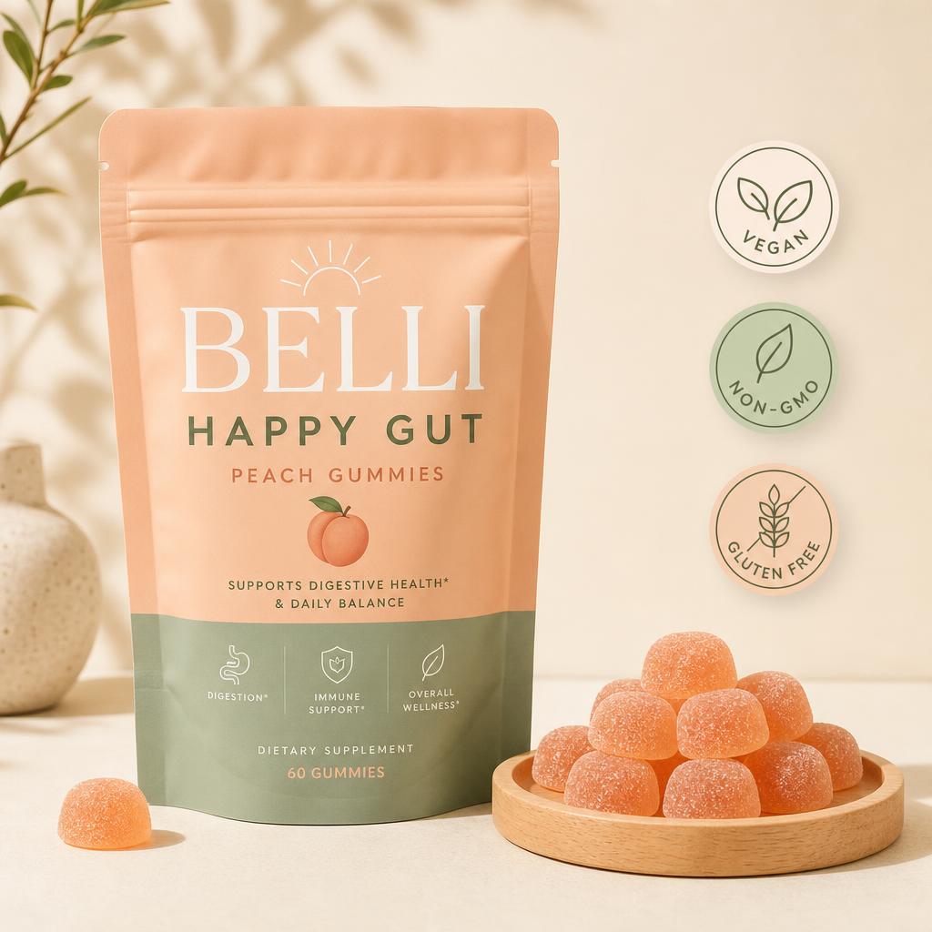 Belli pouch beside a wooden tray of gummies with quality badges