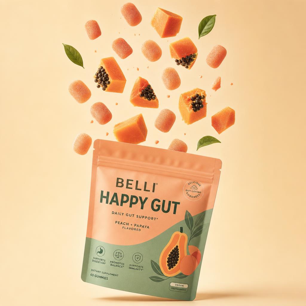 Belli gummies and papaya floating above the pouch