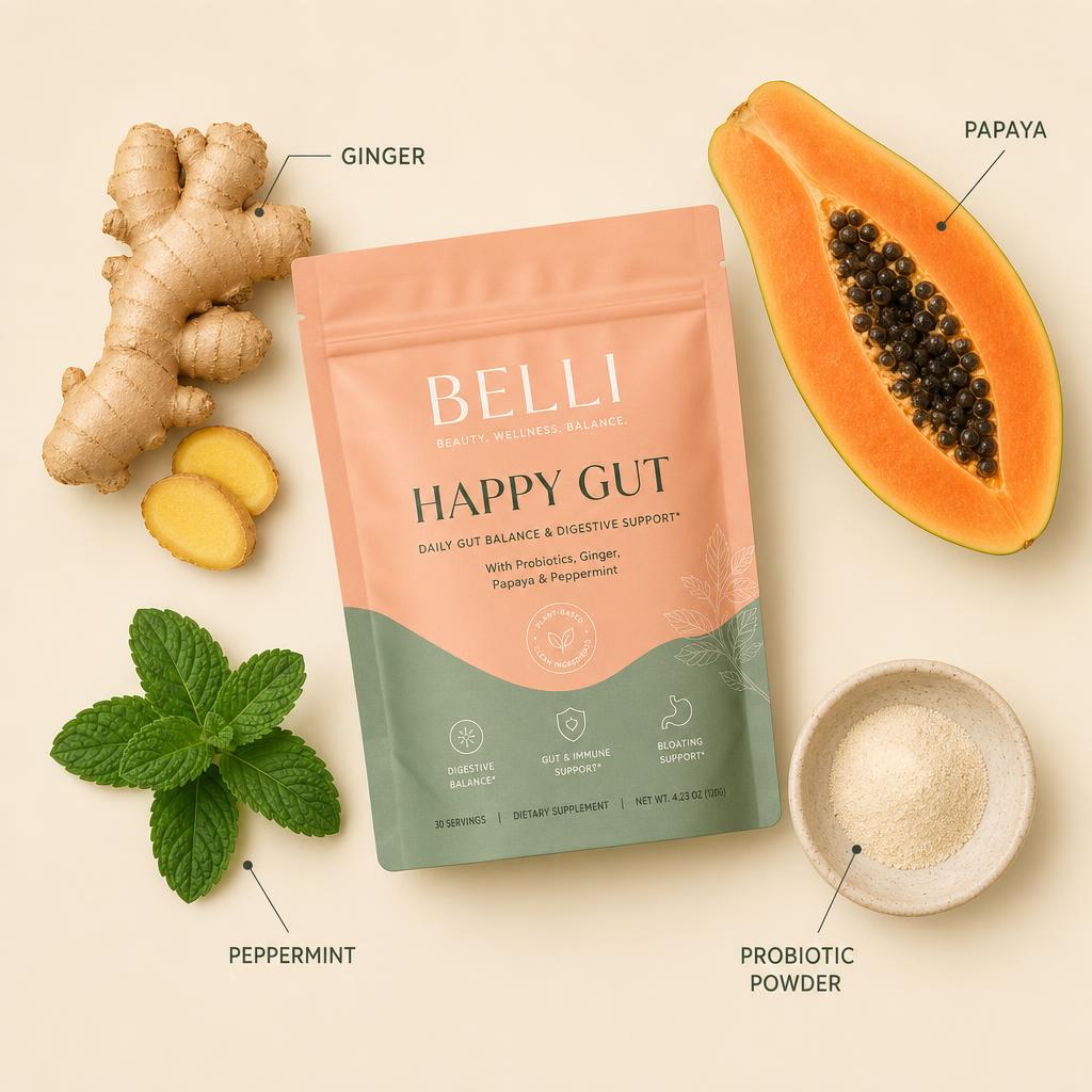 Belli Happy Gut pouch with its key ingredients labelled