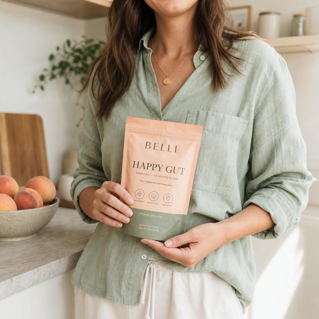 Person in a sage linen shirt holding the Belli pouch